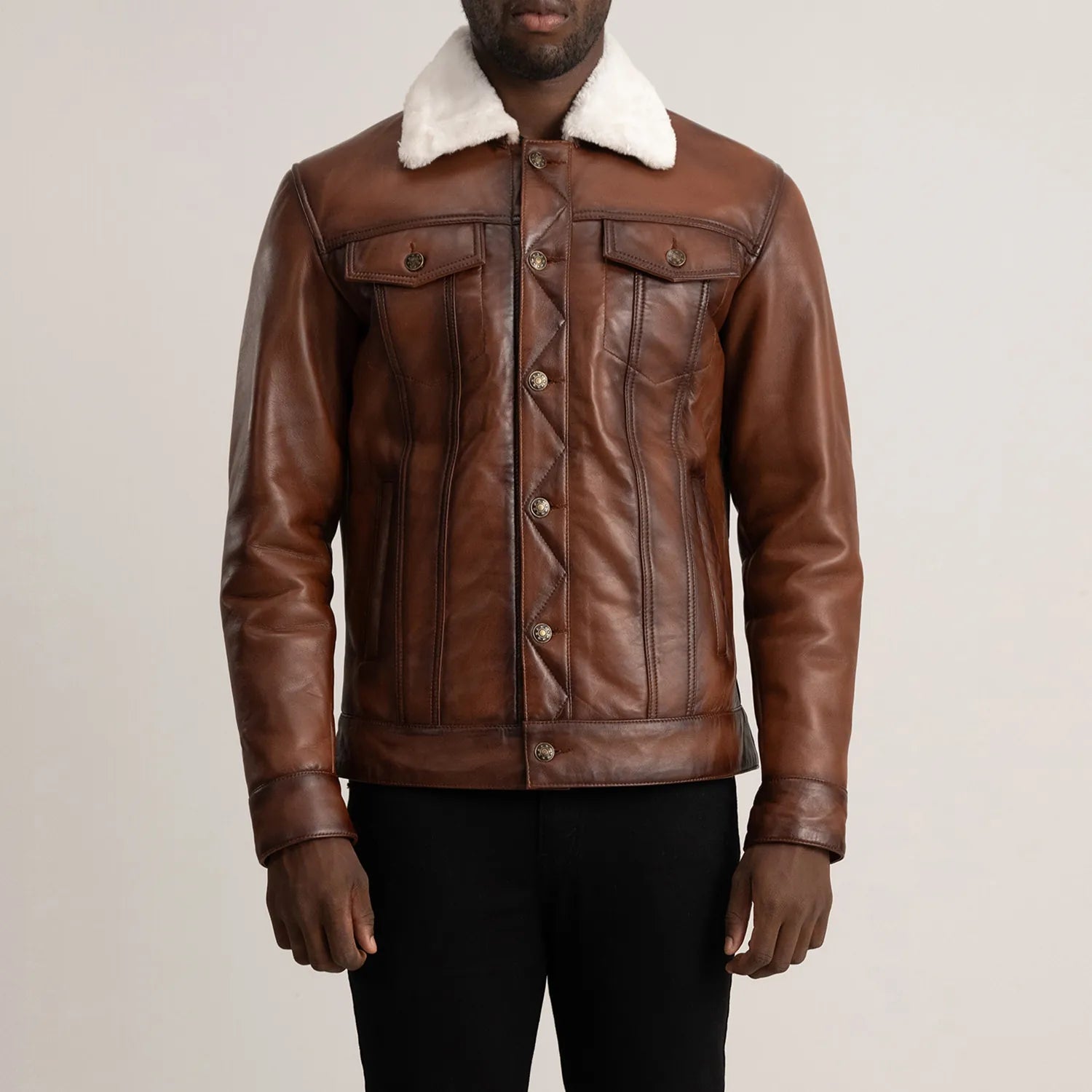 Dallis Brown Leather Shearling Trucker Jacket