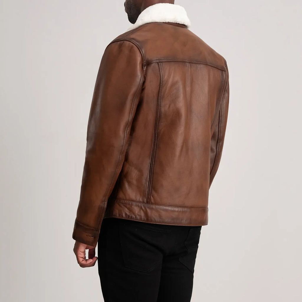 Dallis Brown Leather Shearling Trucker Jacket